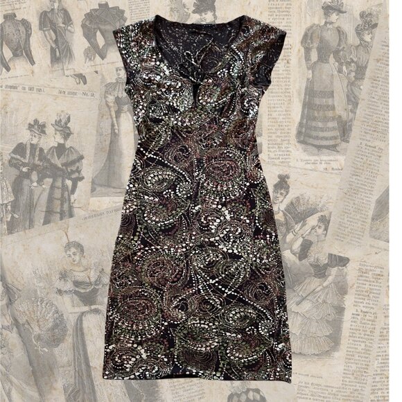 Vintage Dresses & Skirts - Cute Vintage (90s) Empire-Waist Short-Sleeve Brown Paysley-ish Dress - 8-10-S/M
